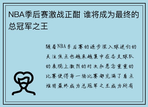 NBA季后赛激战正酣 谁将成为最终的总冠军之王